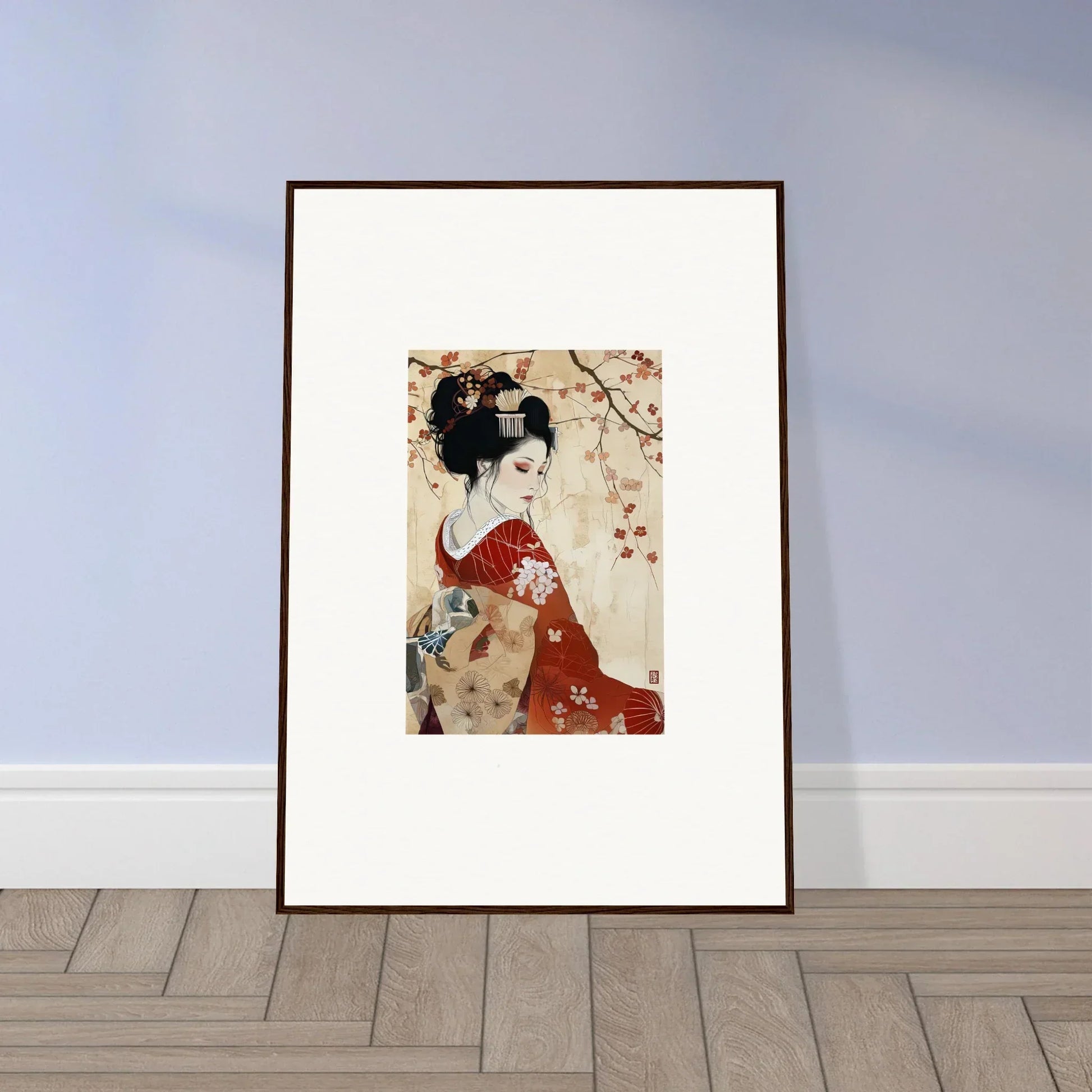 Framed Japanese woodblock print of a geisha in red kimono for Faux Devotion Complex