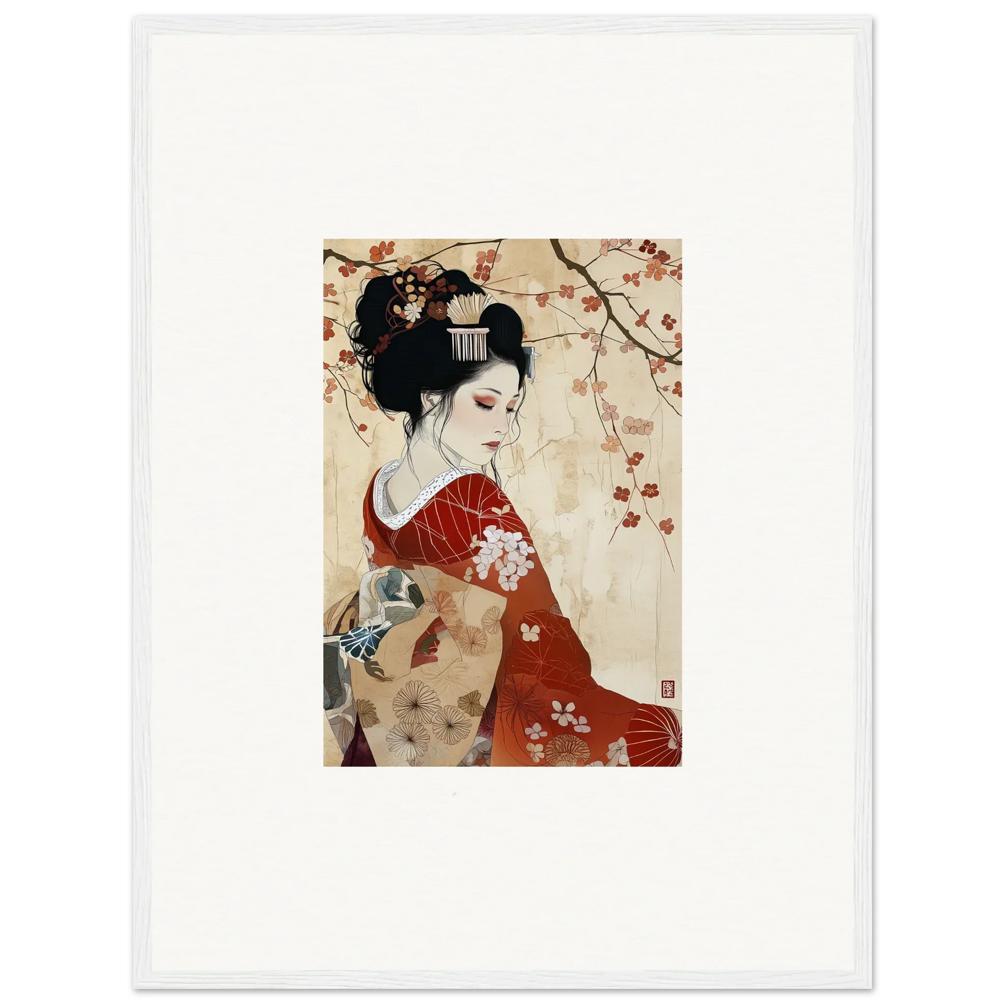 Traditional Japanese artwork of a geisha in red kimono for Faux Devotion Complex framed art