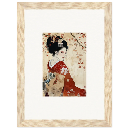 Framed wall art of a geisha in a red kimono under cherry blossoms, Faux Devotion Complex