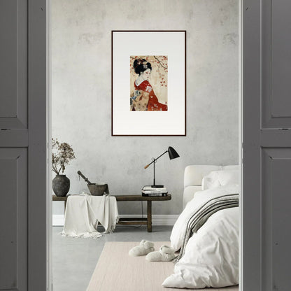 Framed Japanese geisha art on a light gray wall for Faux Devotion Complex special edition