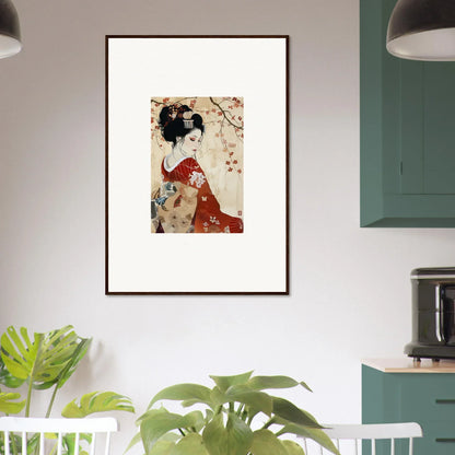 Framed wall art of a figure in a red kimono under cherry blossoms in Faux Devotion Complex