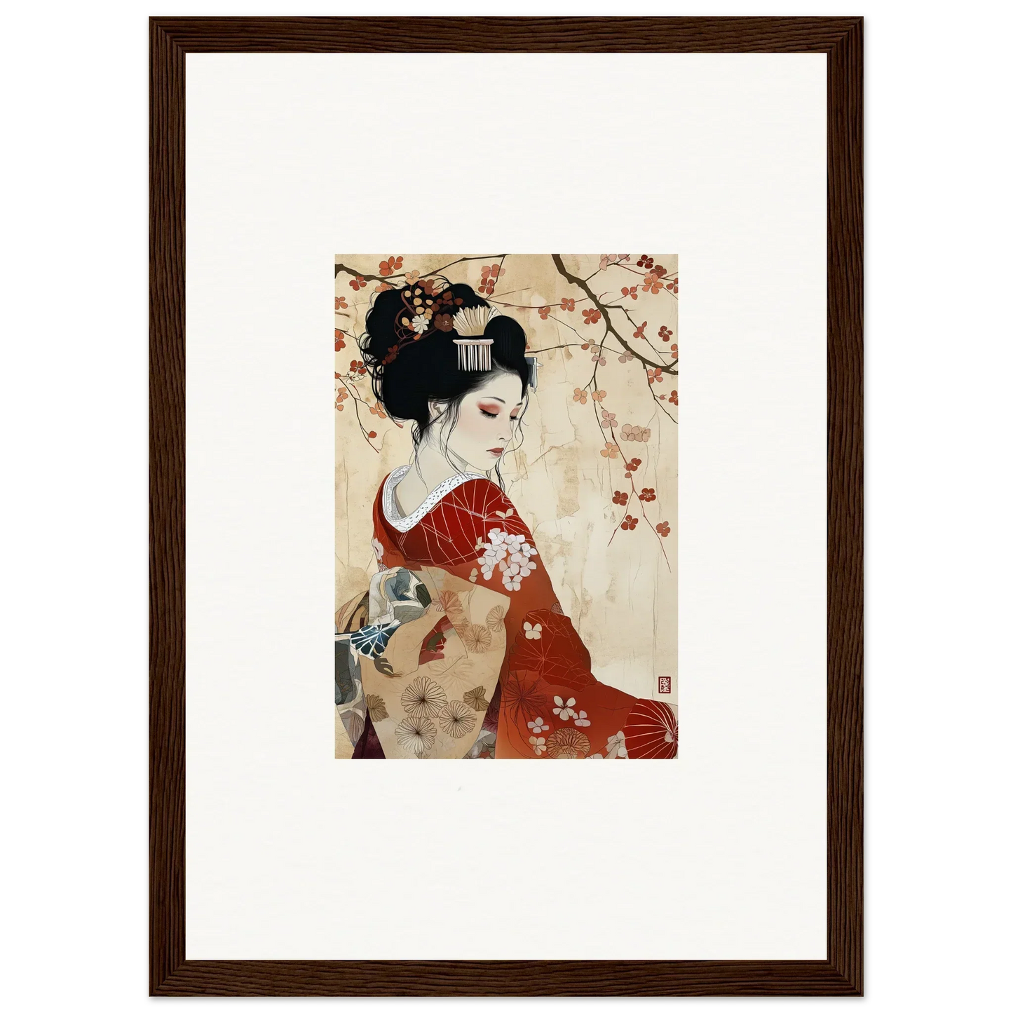 Traditional Japanese geisha in red kimono under cherry blossoms for Faux Devotion Complex