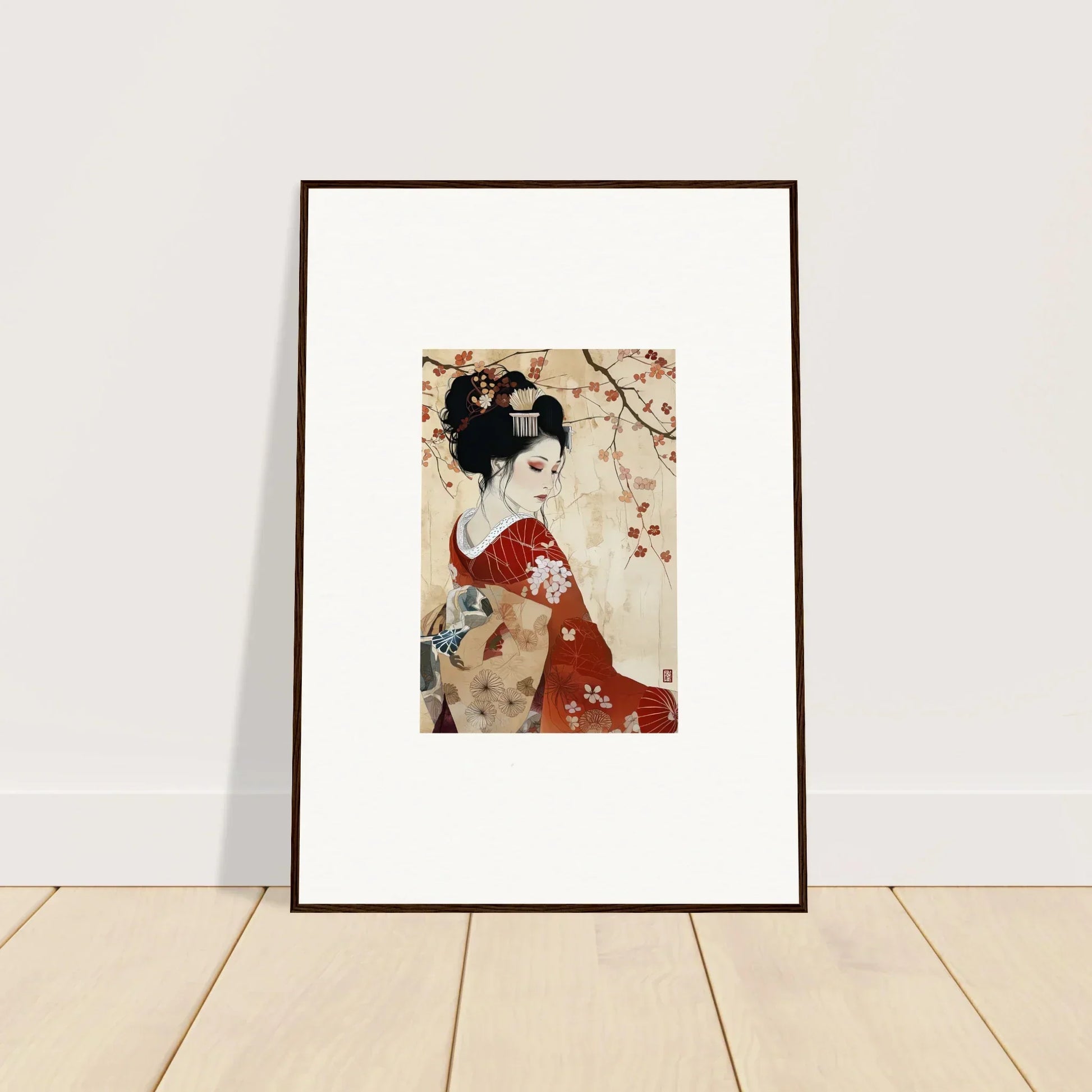 Framed wall art of a geisha in red kimono under cherry blossoms for Faux Devotion Complex