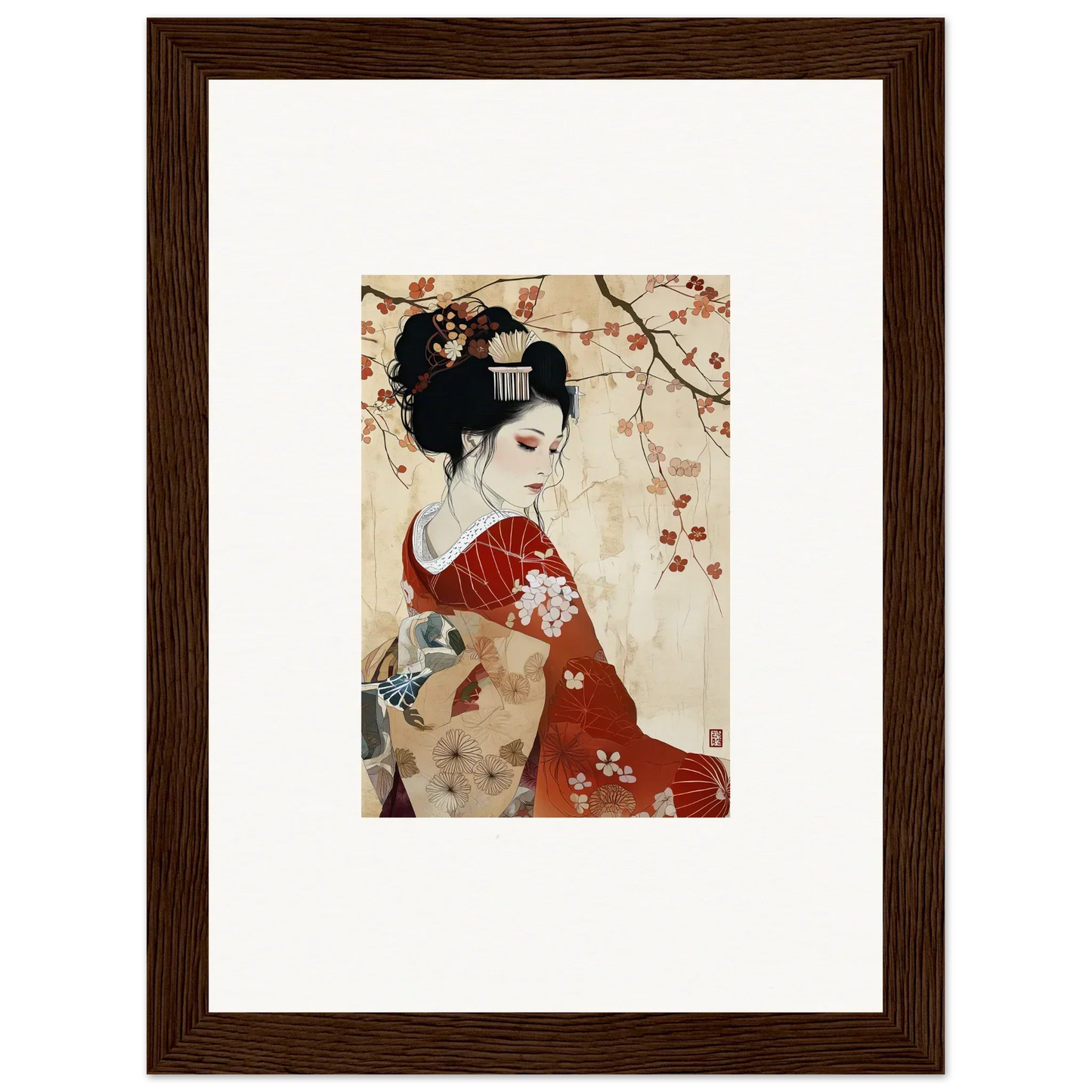 Traditional Japanese geisha in red kimono under cherry blossoms, Faux Devotion Complex art