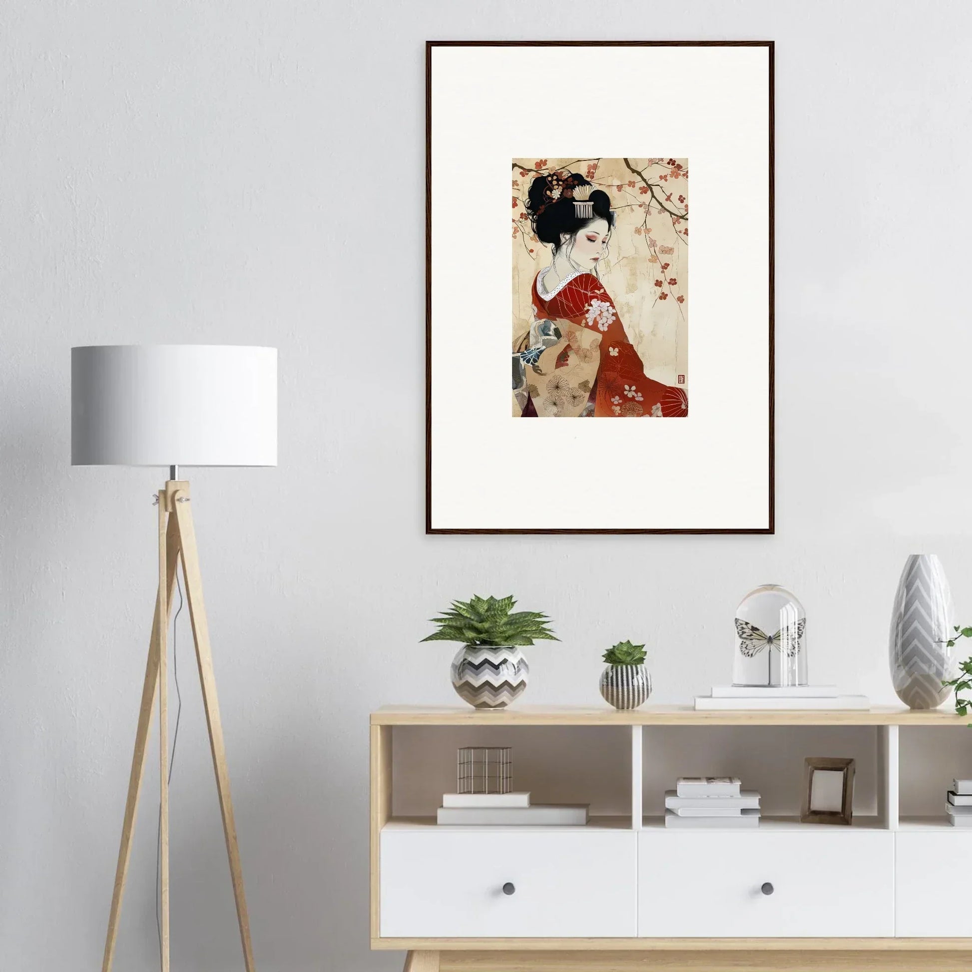 Framed Japanese woodblock print of a geisha, red kimono, faux devotion complex art