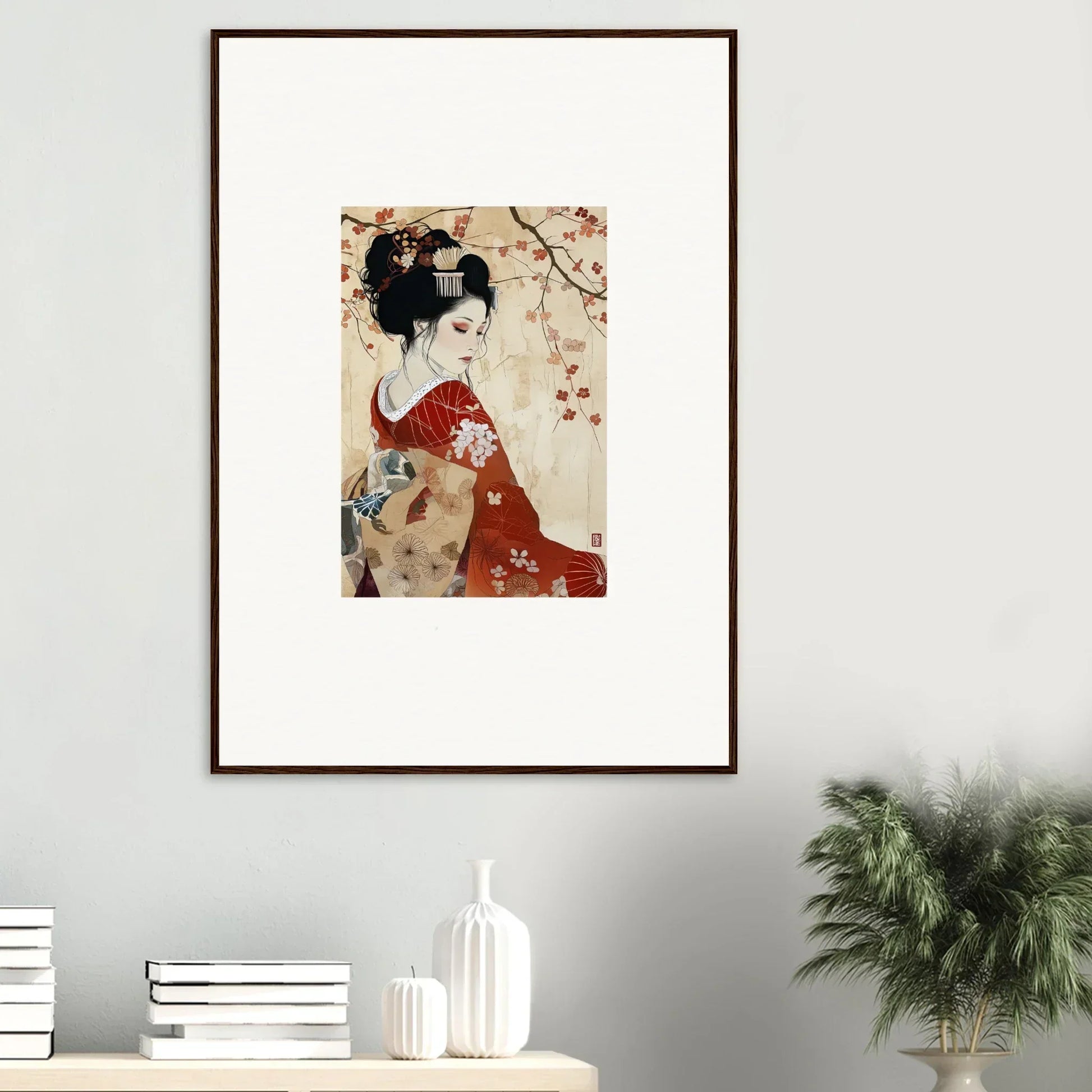 Framed wall art of a Japanese geisha in a red kimono and cherry blossoms, Faux Devotion Complex