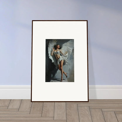 Framed wall art of a figure with large white wings for bliss effervescent room decor