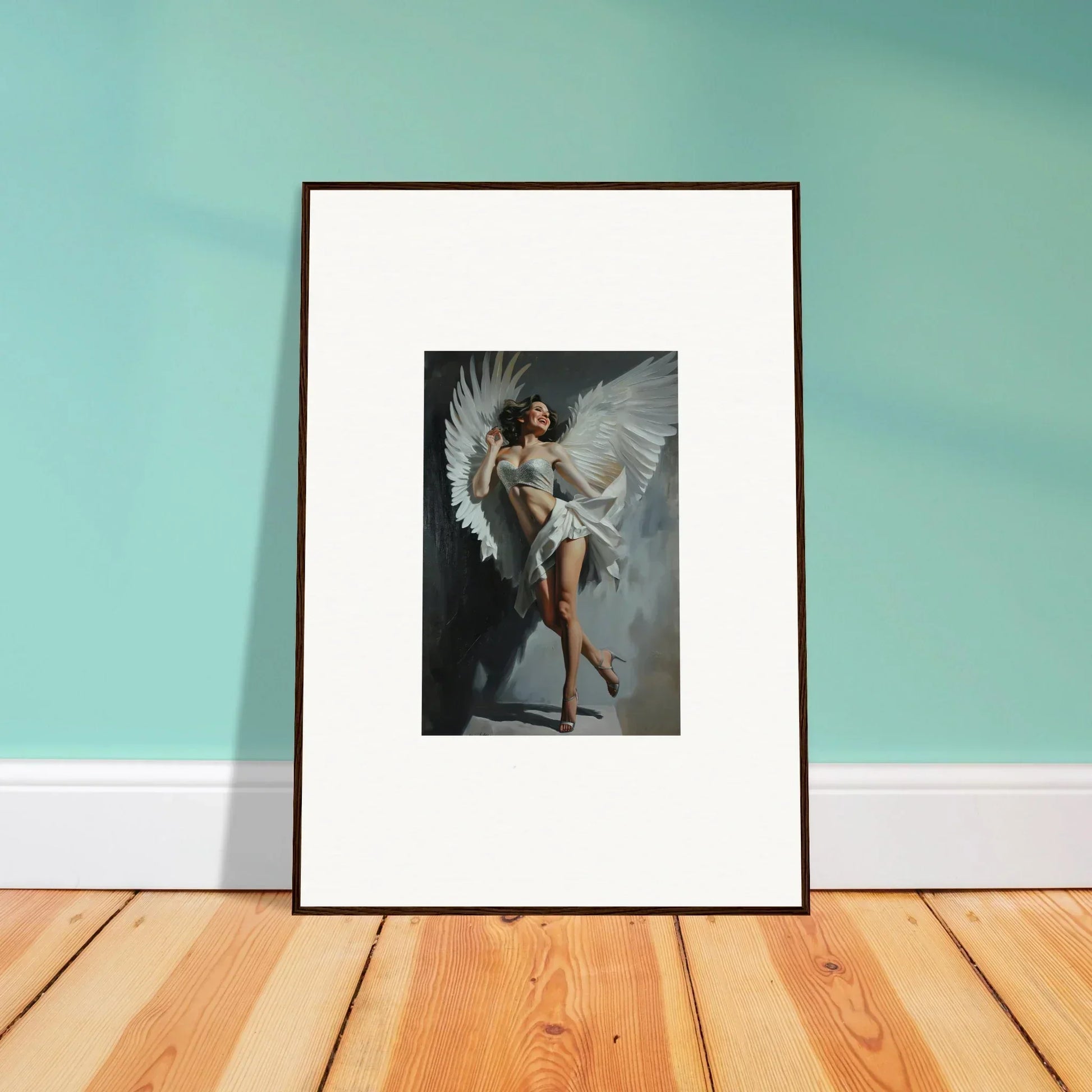 Framed wall art of an angelic figure in dynamic pose for bliss effervescent room decor