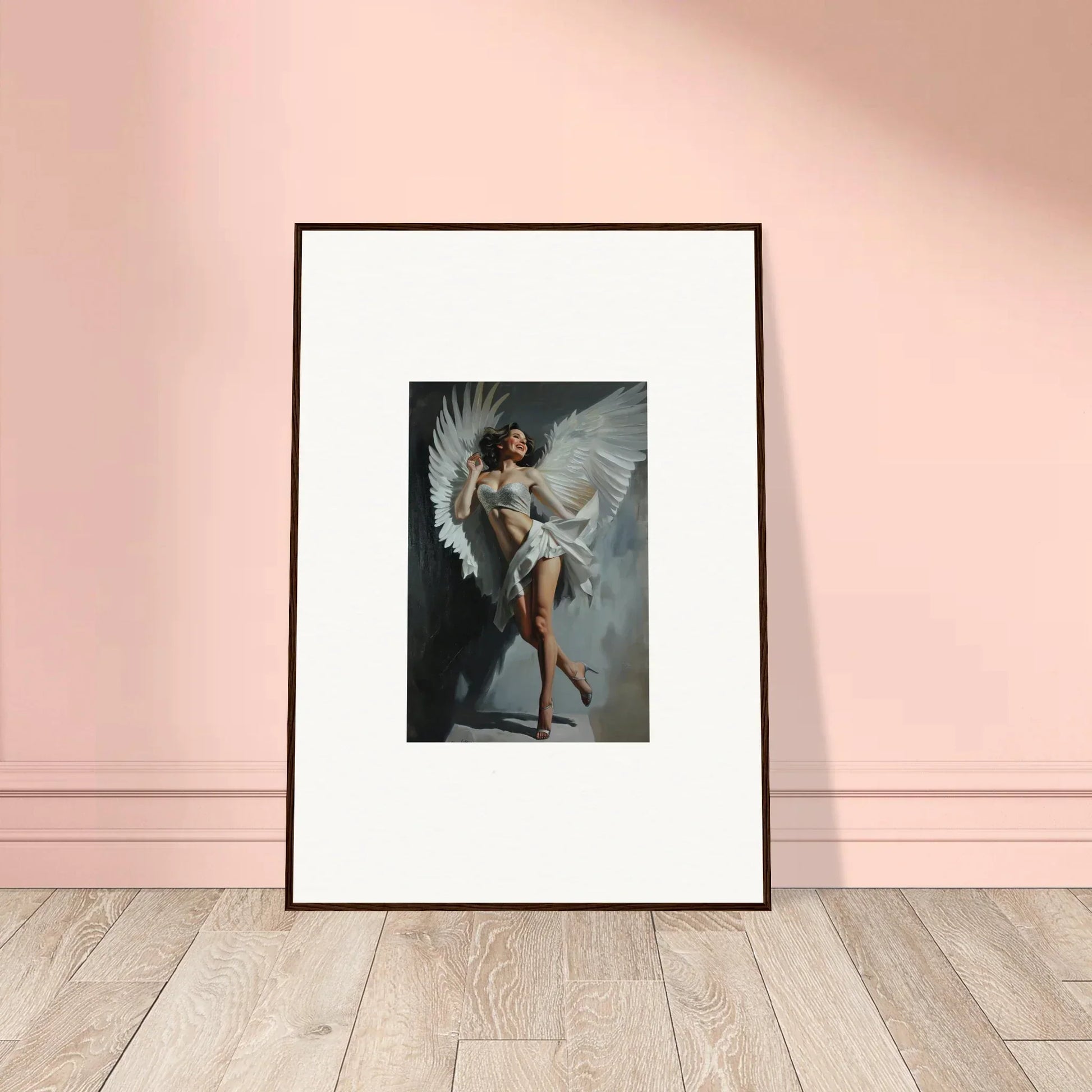 Framed wall art of an angelic figure embodies bliss effervescent for elegant room decor