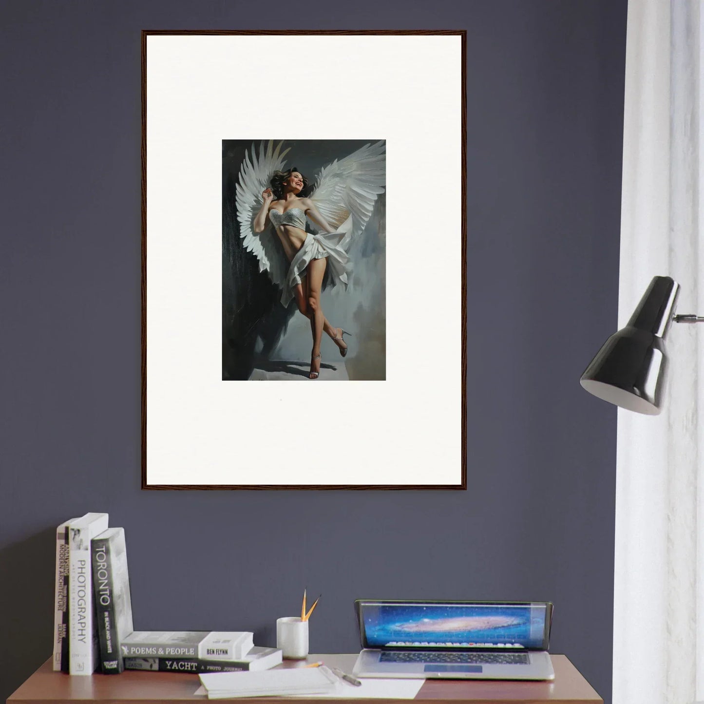 Framed wall art of an angelic figure with wings for bliss effervescent room decor