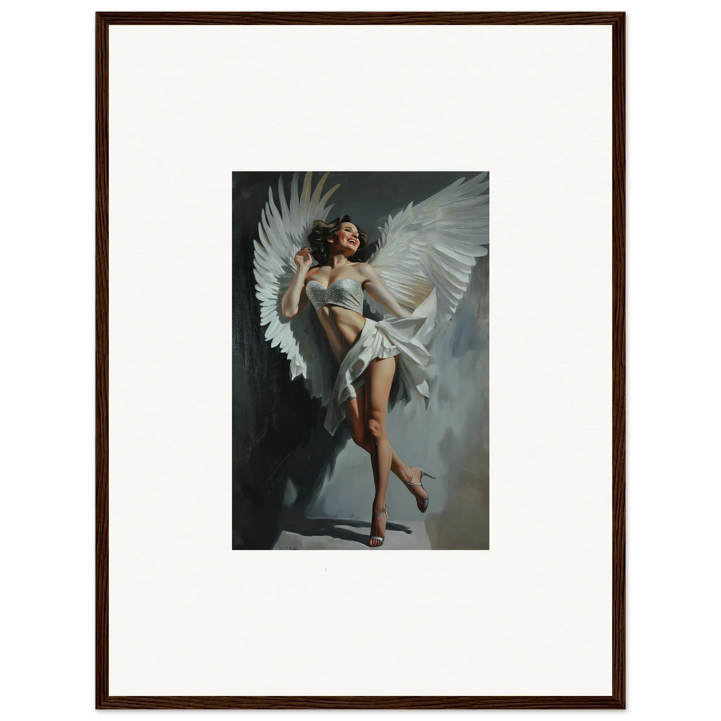 Framed wall art of a graceful figure with white wings in bliss effervescent room decor