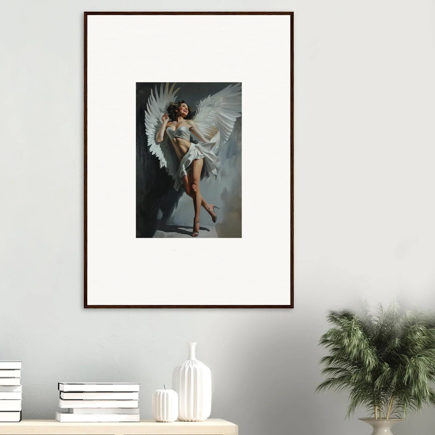 Framed wall art of an angelic figure in Feathered Bliss Effervescent room decor