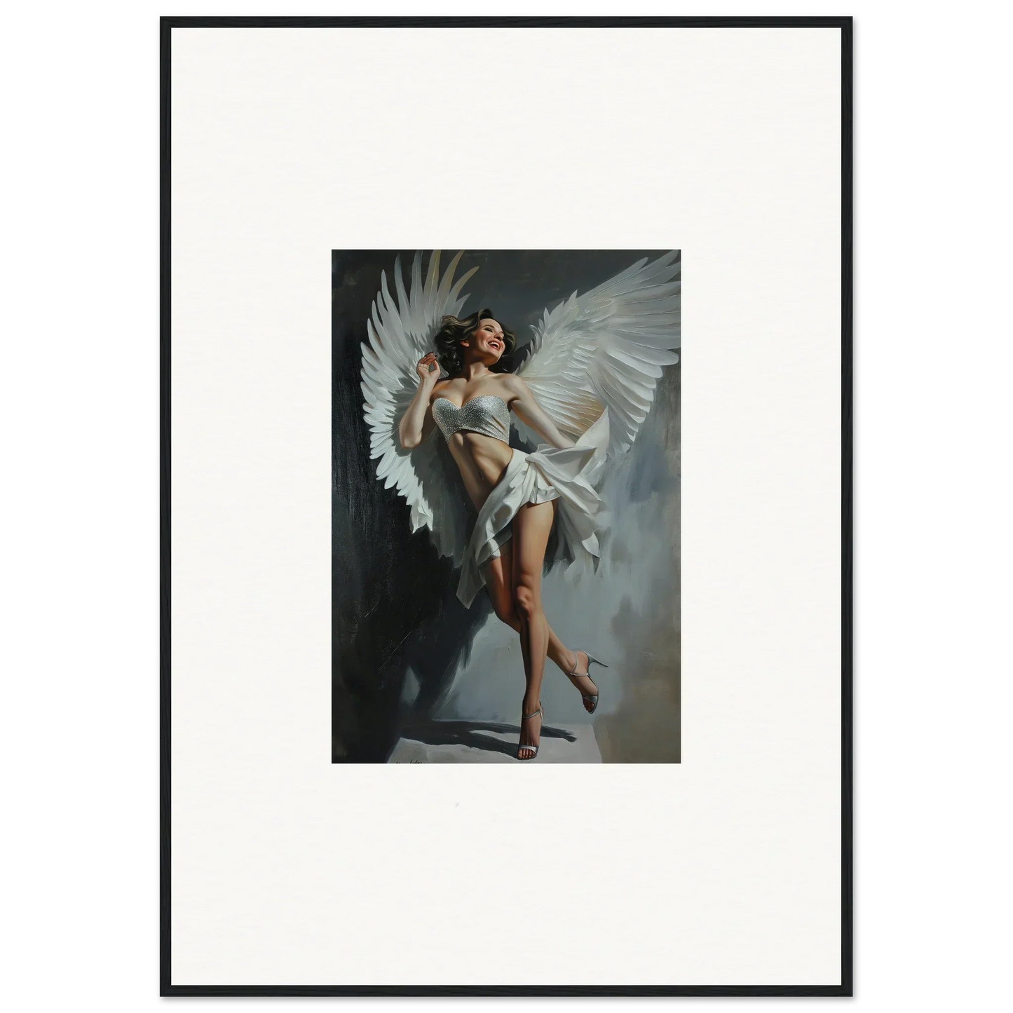 Framed wall art of a figure with large white wings, perfect for bliss effervescent room decor