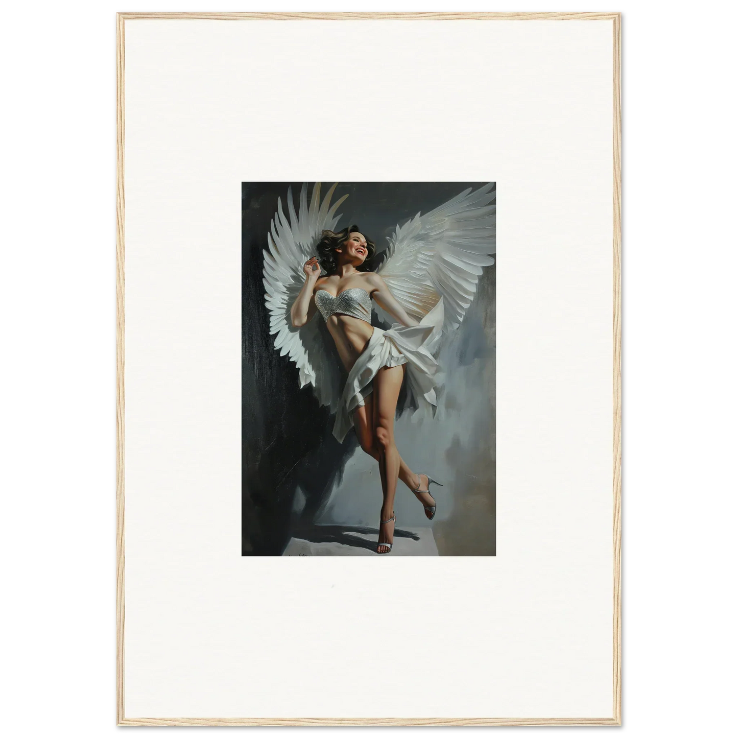 Framed wall art of a figure with white wings, perfect for bliss effervescent room decor