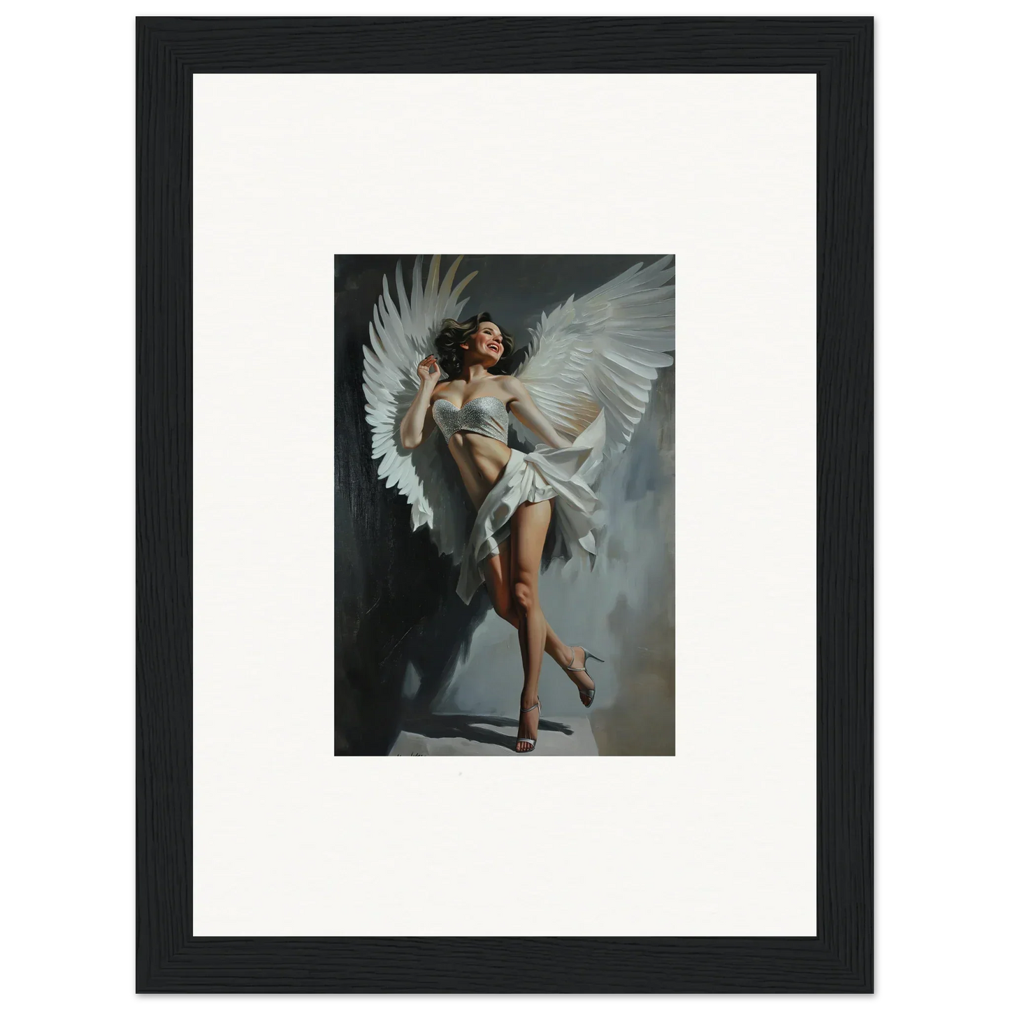 Framed wall art of a figure with large wings for bliss effervescent room decor