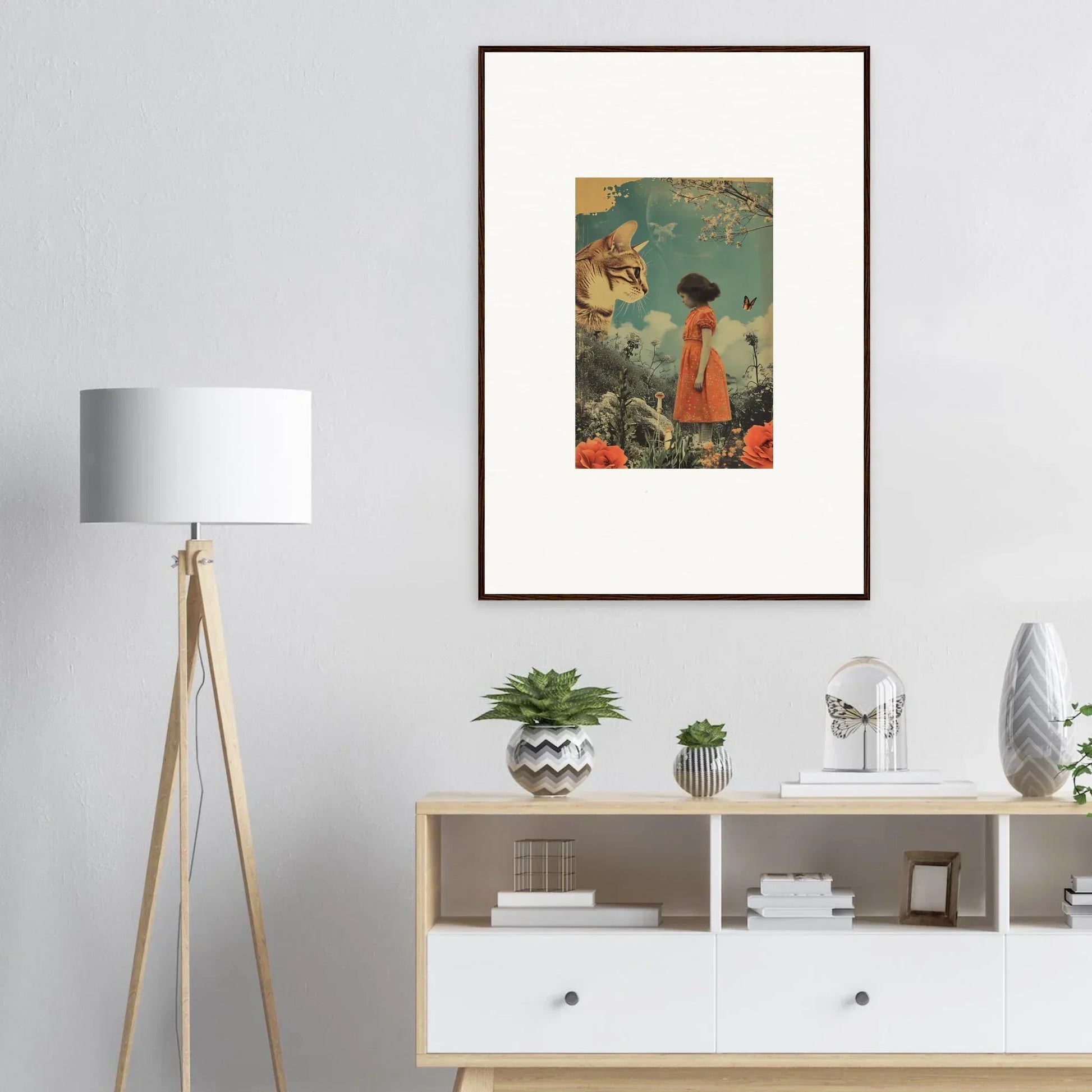 Surreal canvas print of a figure in an orange coat for creative room decoration