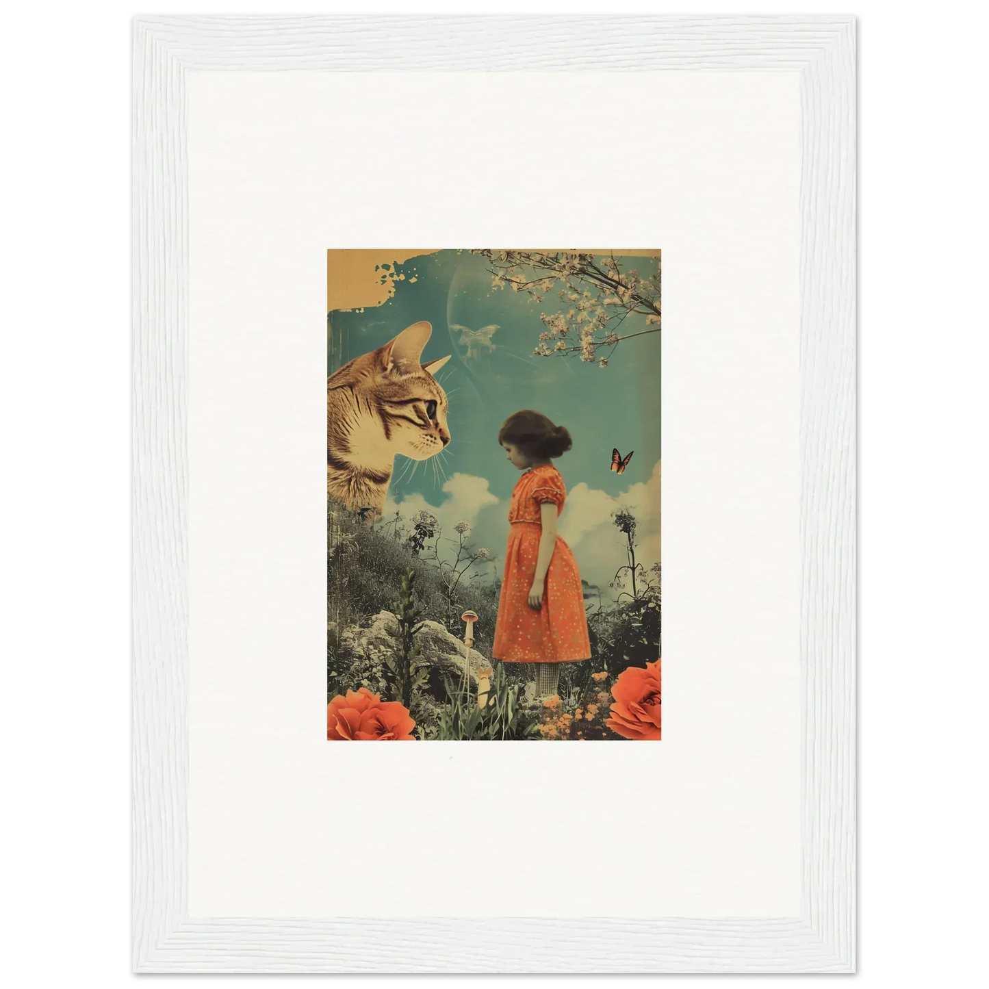 Framed collage of a child in an orange dress and giant cat head for room decoration