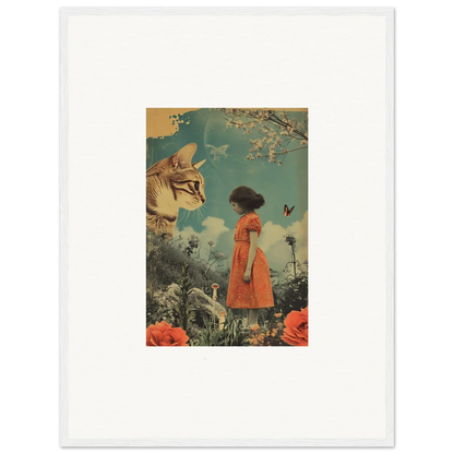 Surreal collage of a giant cat head and figure in orange, perfect for Daydream Whisperannels decor