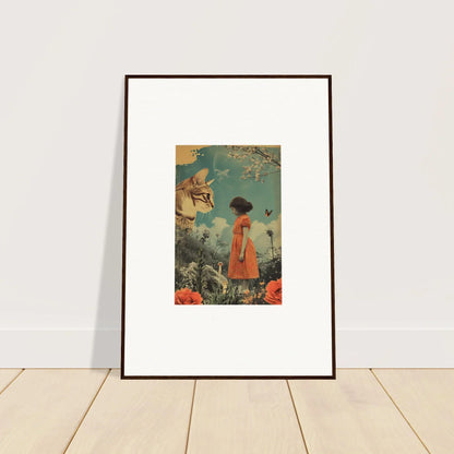 Framed canvas print of a child in an orange dress with nature and a fox for room decoration