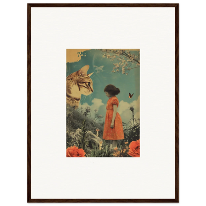 Surreal canvas print of a girl in an orange dress and a cat face for room decoration