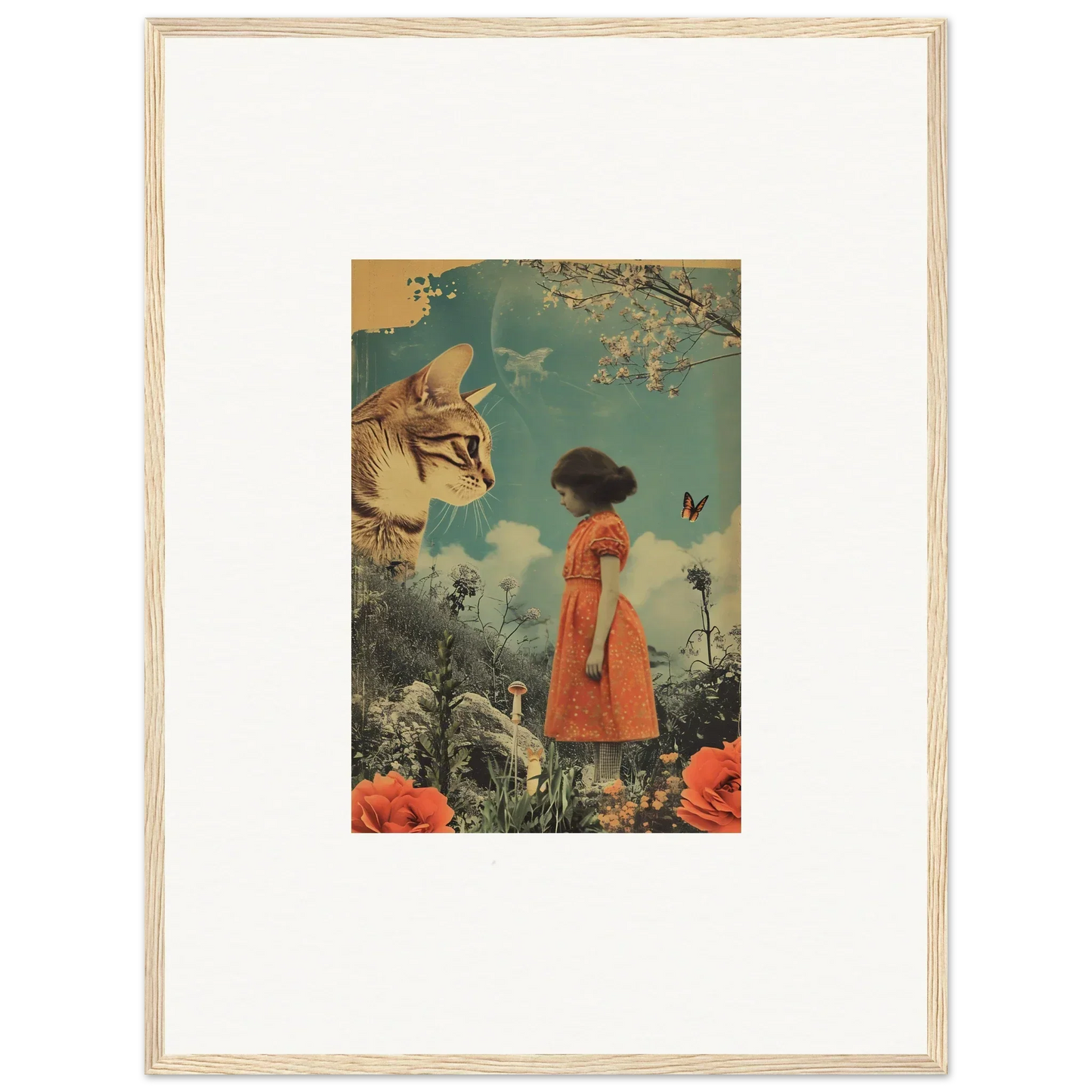 Framed collage artwork of a child in an orange dress for whimsical daydream whisperannels