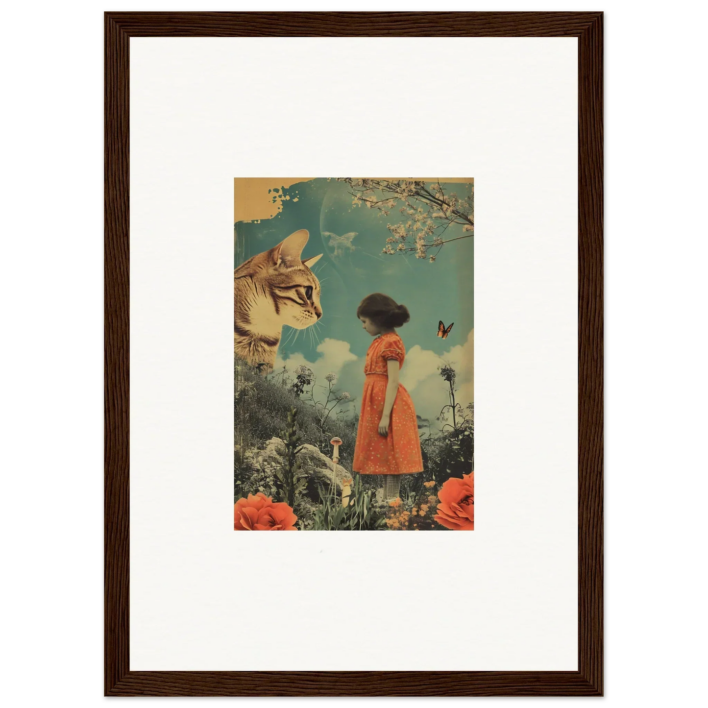 Framed canvas print of Feline Daydream Whisperannels with a girl and cat head scene