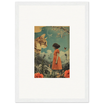 Surreal canvas print of a figure in an orange dress and a giant cat head for room decoration