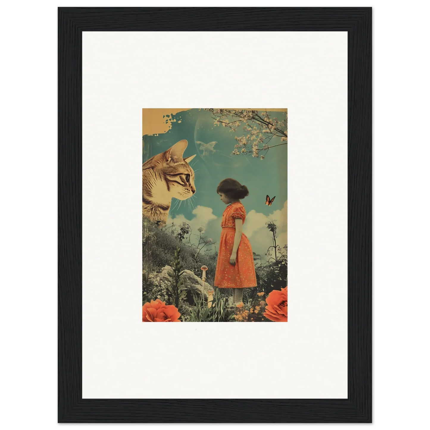 Framed surrealist canvas print of a girl in a red dress and a giant cat, perfect for daydream whisperannels vibes