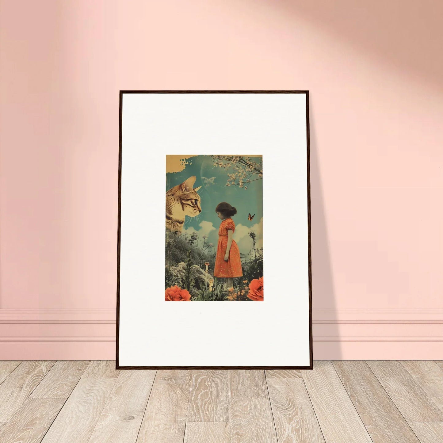 Framed canvas print of Feline Daydream Whisperannels with a figure, flowers, and a cat in the sky