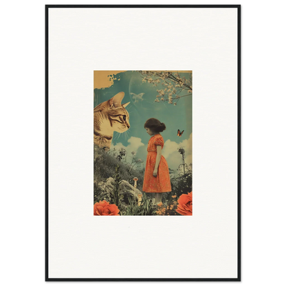 Framed collage of a girl in an orange dress with a giant cat head, perfect for room decoration