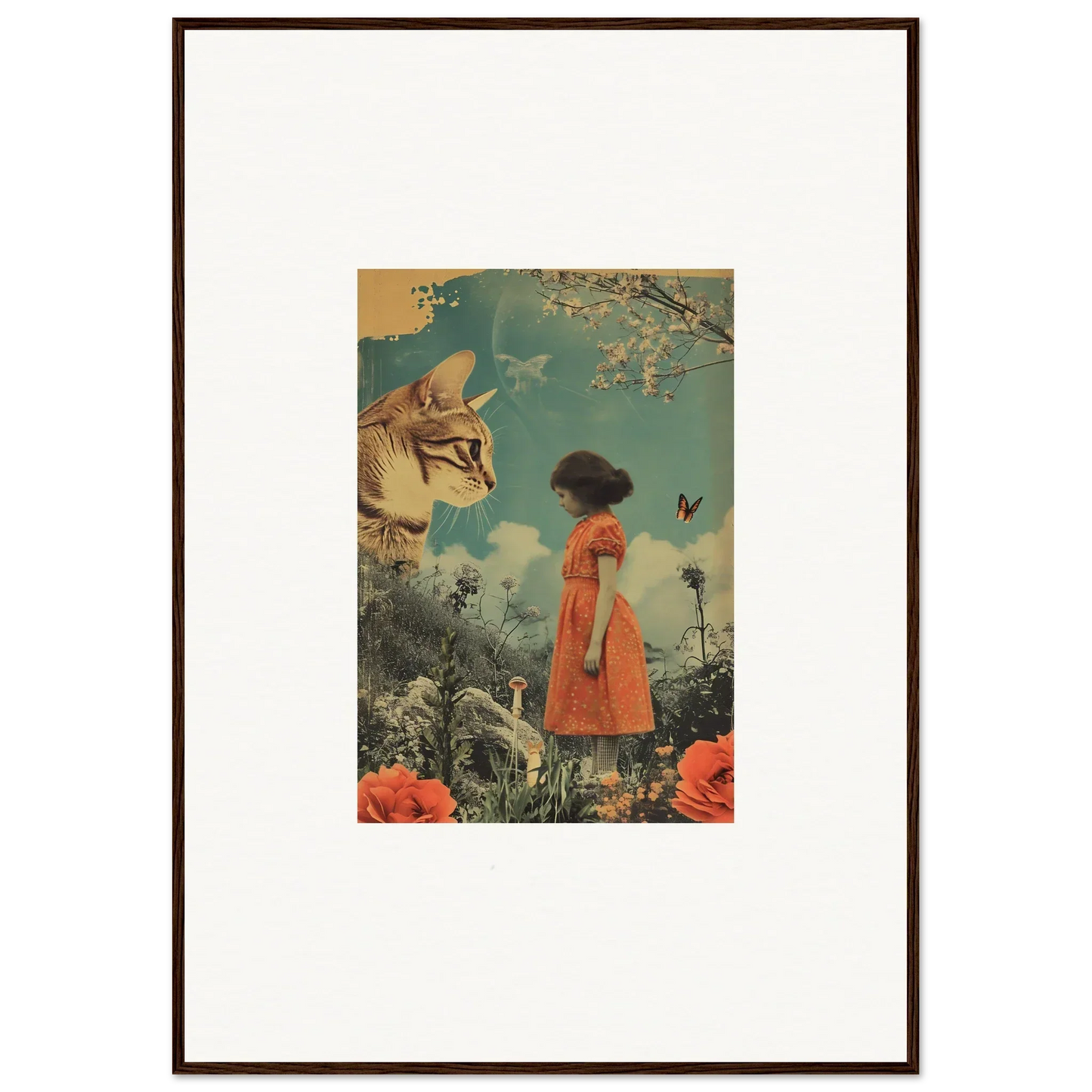 Framed canvas print of a girl in an orange dress daydreaming with a giant cat face