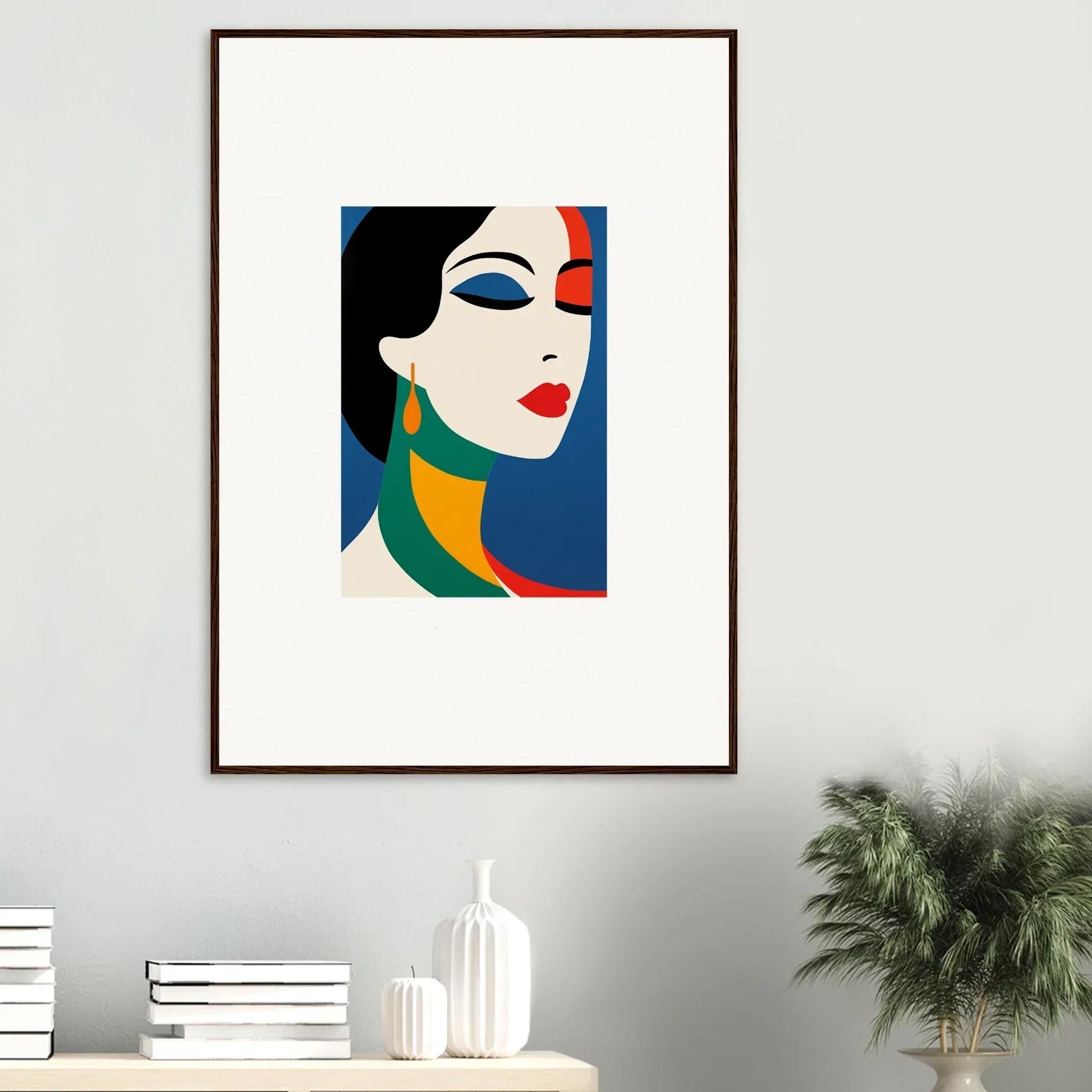 Framed wall art of Female Prism Reverie with bold colors and geometric shapes for room decor