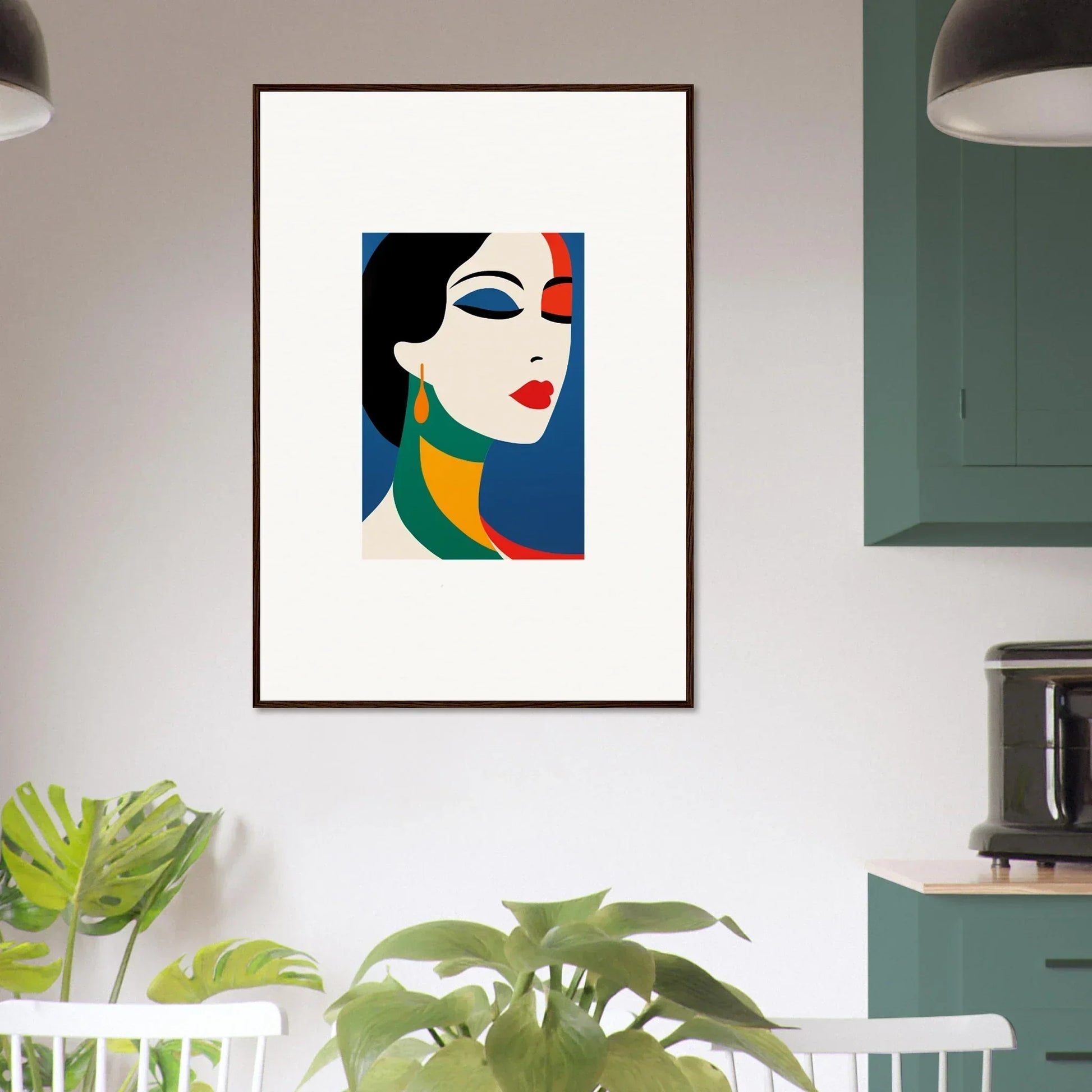 Framed wall art of a stylized face in bold colors, perfect for Prism Reverie room decor