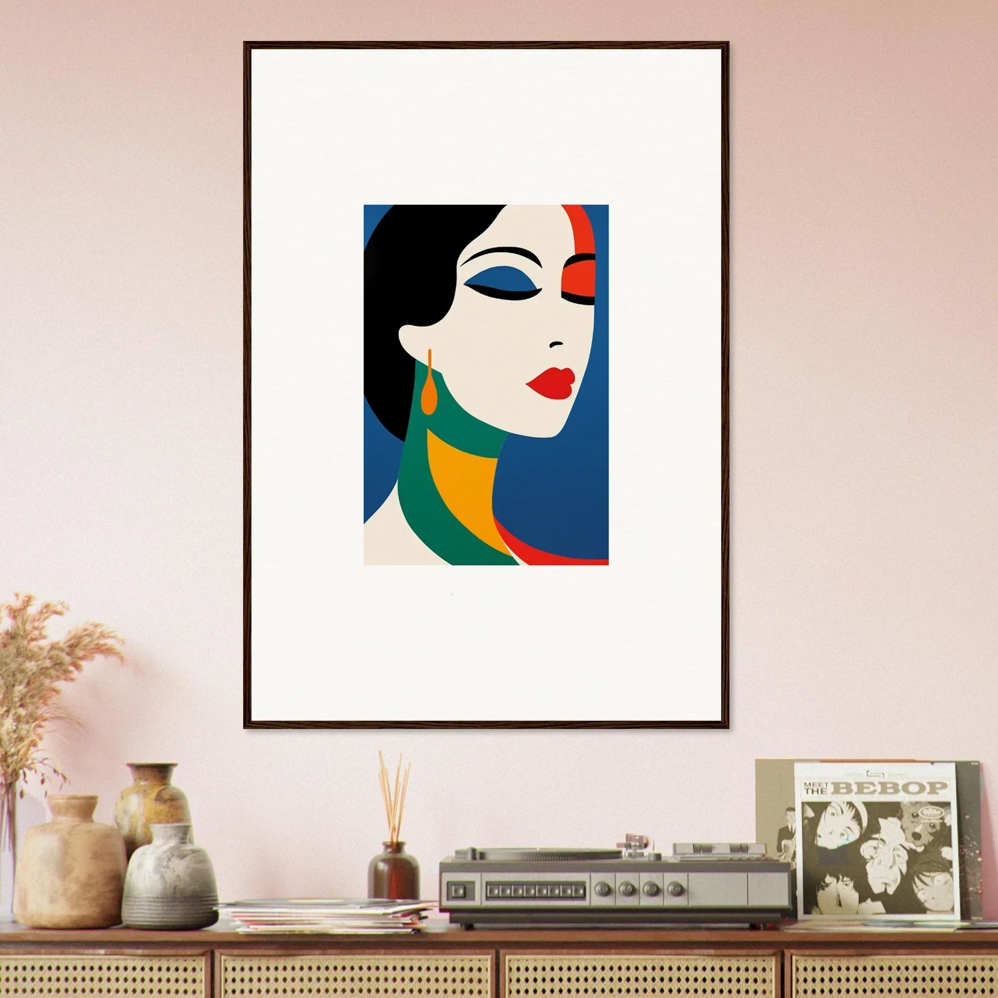 Framed wall art of a stylized woman’s face in bold colors, perfect for Room Decor