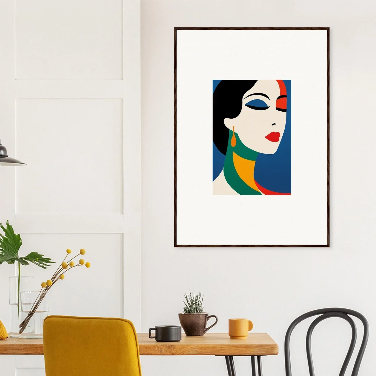 Framed wall art of Female Prism Reverie with bold colors and simplified features