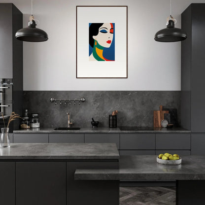 Modern kitchen with dark cabinetry and Framed Wall Art featuring Prism Reverie