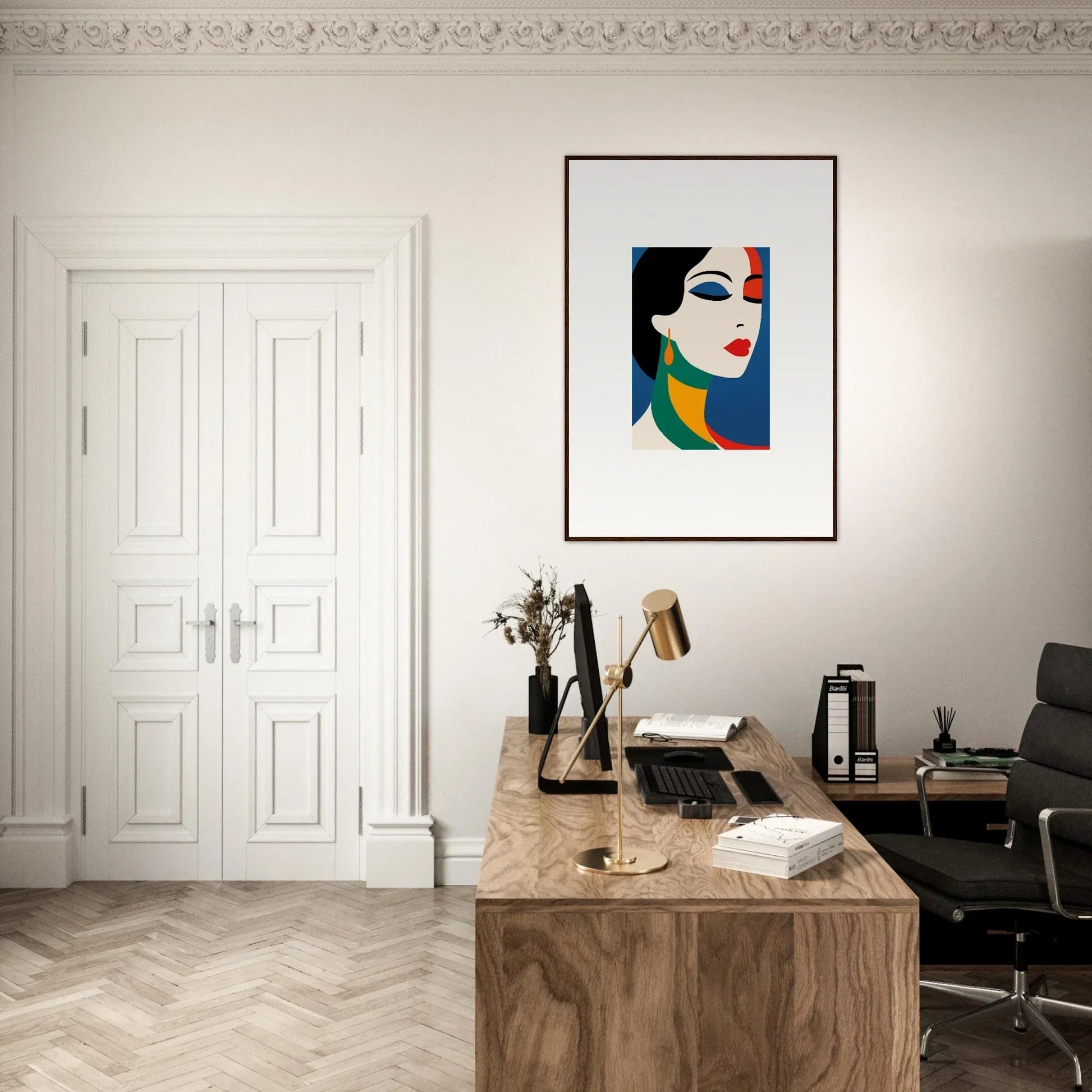 Stylish home office with wooden desk, vintage typewriter, and Prism Reverie wall art