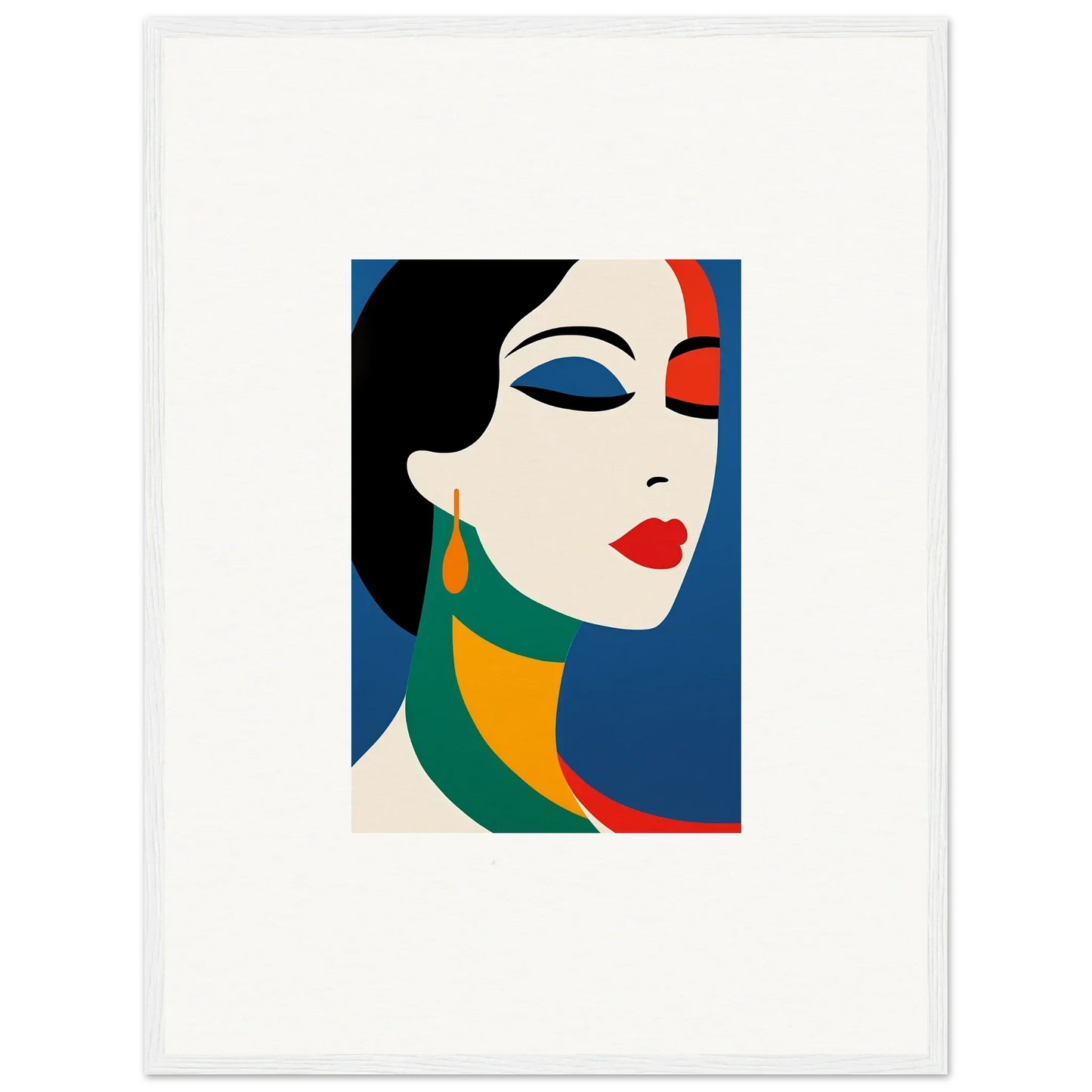 Stylized portrait of a woman’s face in bold colors for prism reverie framed wall art