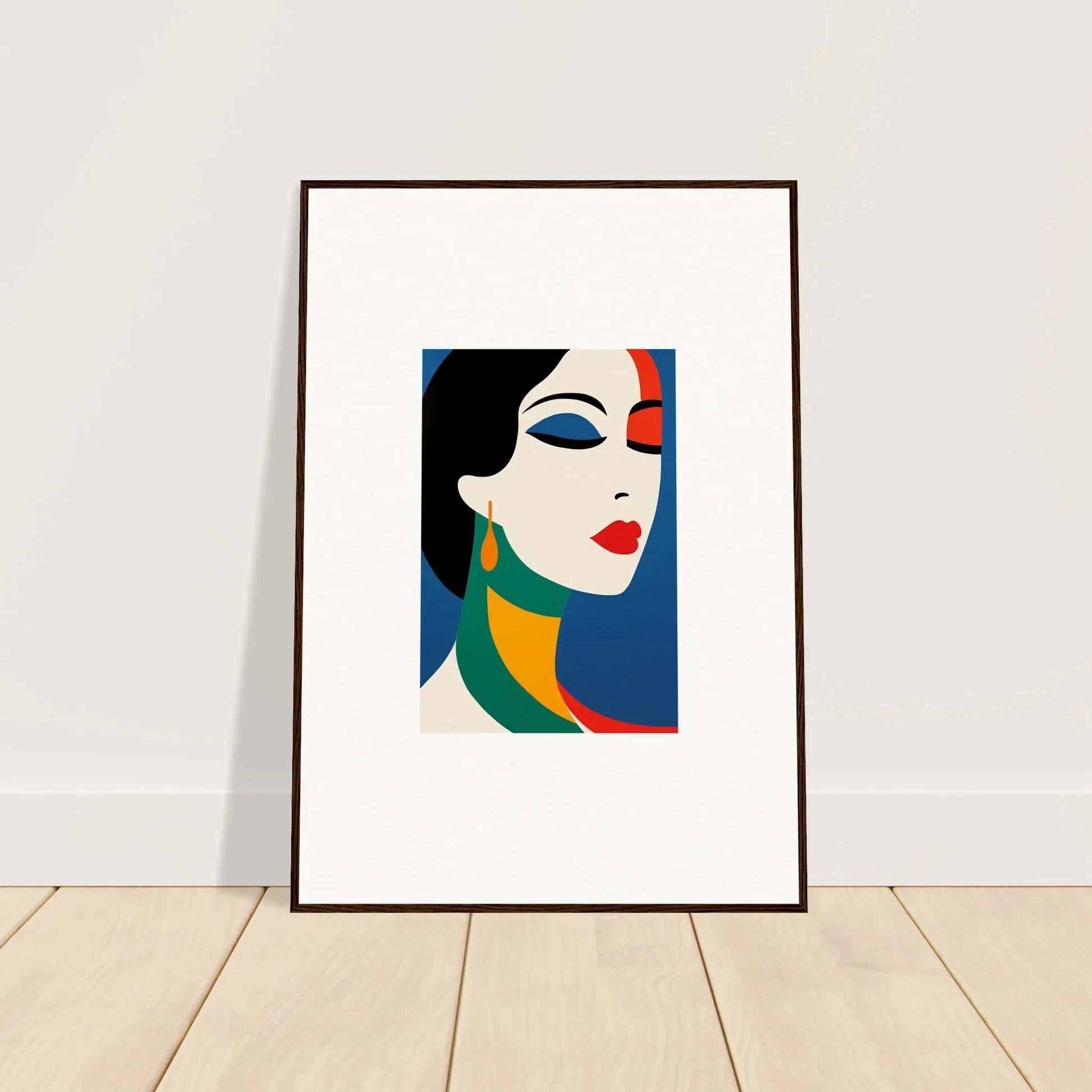 Framed abstract portrait of a stylized face in bold colors for prism reverie room decor