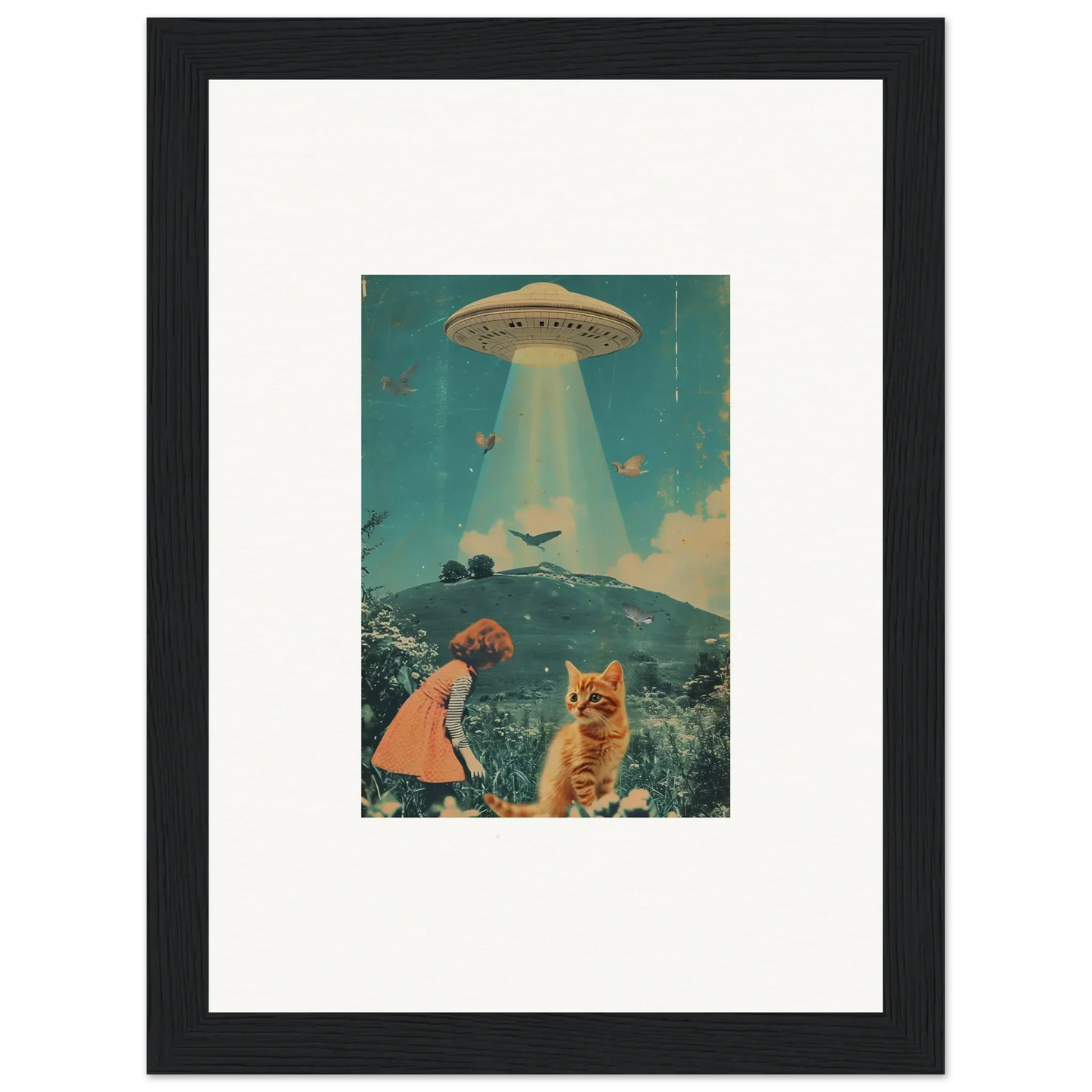 Framed retro-style canvas print of a UFO in Thought Meadows, perfect for room decoration