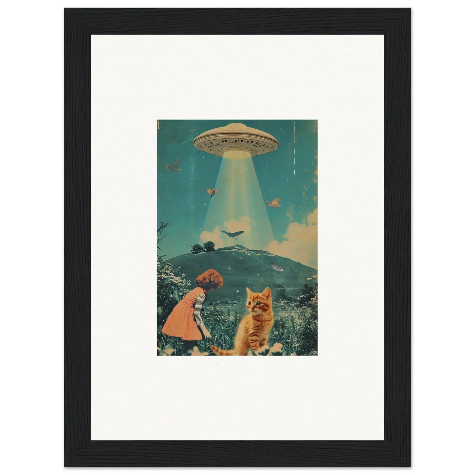 Framed retro-style canvas print of a UFO in Thought Meadows, perfect for room decoration