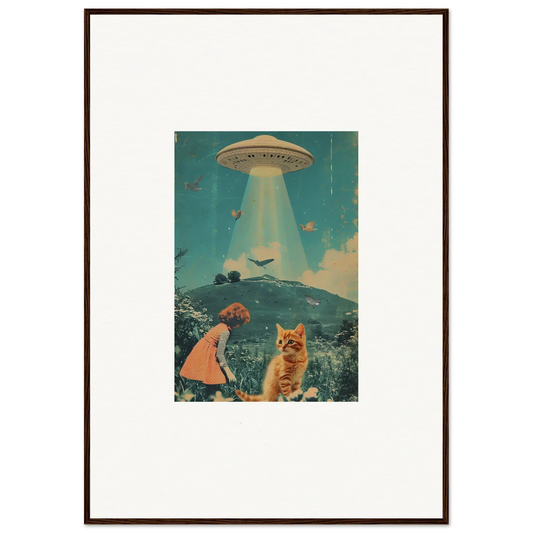 Framed vintage-style canvas print of a UFO over a surreal landscape in Thought Meadows