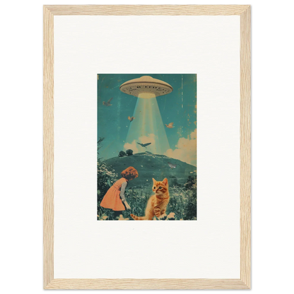 Framed canvas print of a surreal scene with a UFO, a child, and a cat for Thought Meadows room decoration