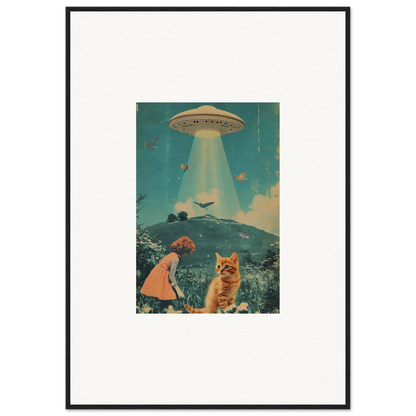 Surreal collage of a UFO, child, and cat for Thought Meadows room decoration canvas print