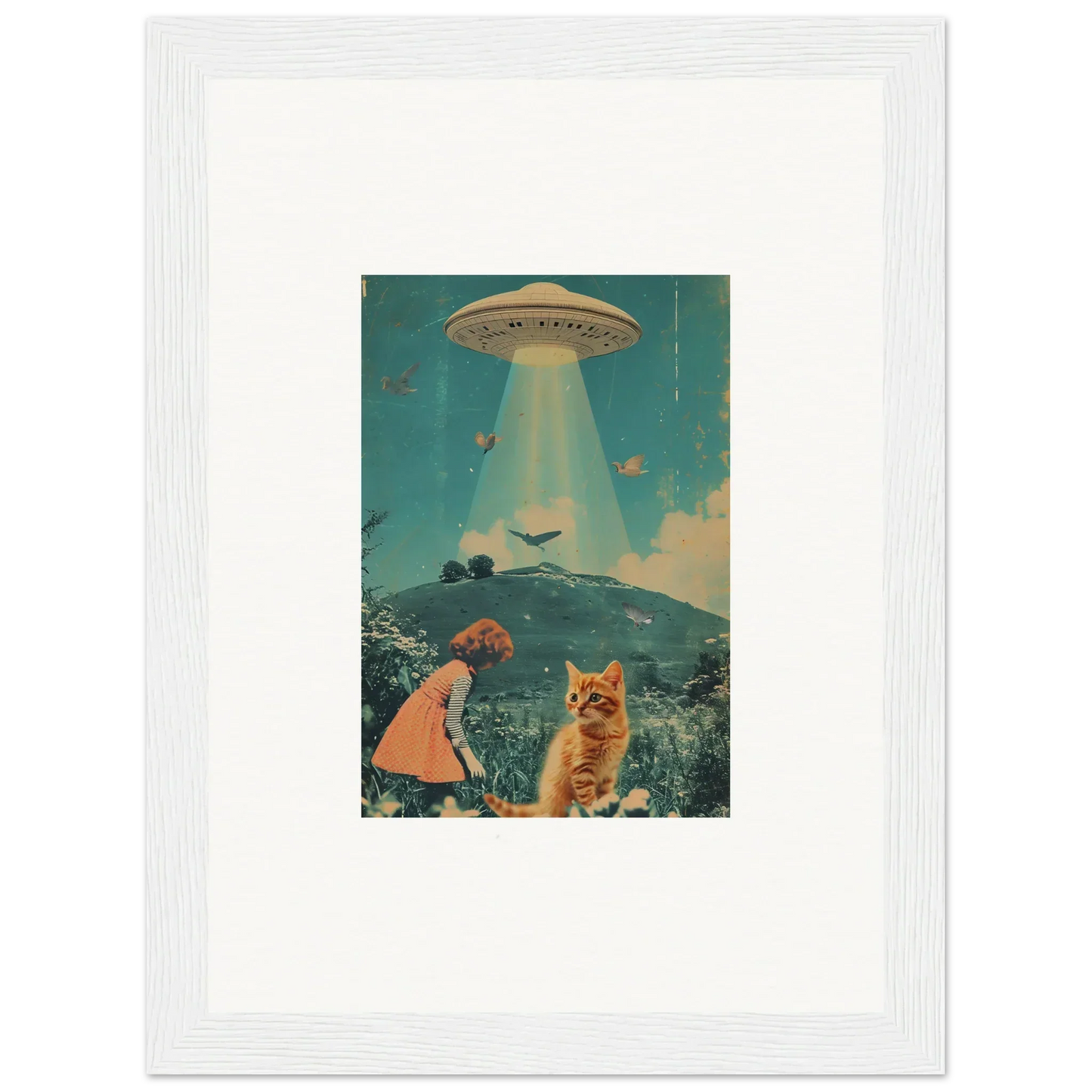 Framed vintage-style Thought Meadows canvas print of a UFO in a surreal landscape