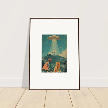 Surreal canvas print of a UFO over a cat and person, perfect for Thought Meadows room decoration