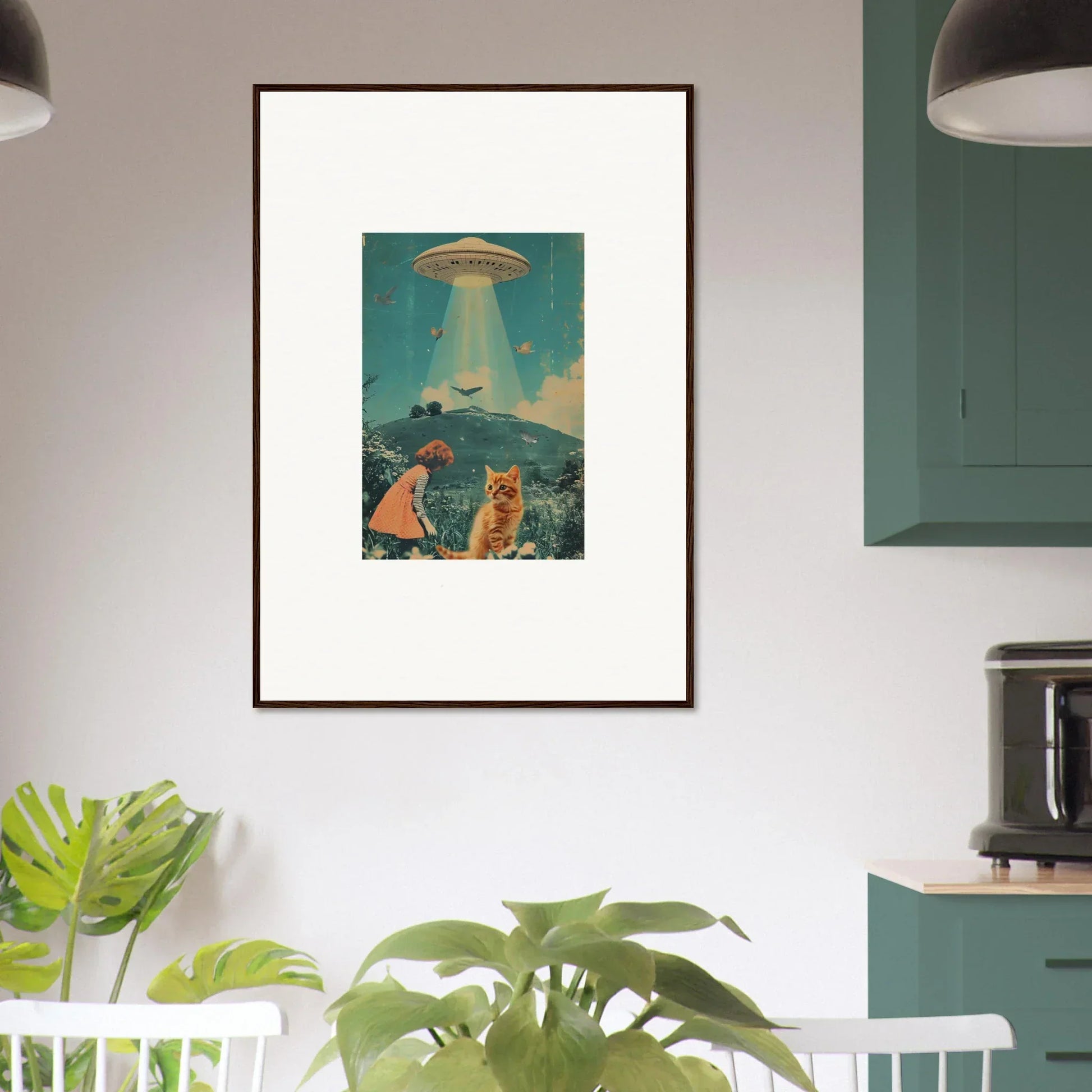 Framed retro canvas print of UFO abducting cows, perfect for Thought Meadows room decoration