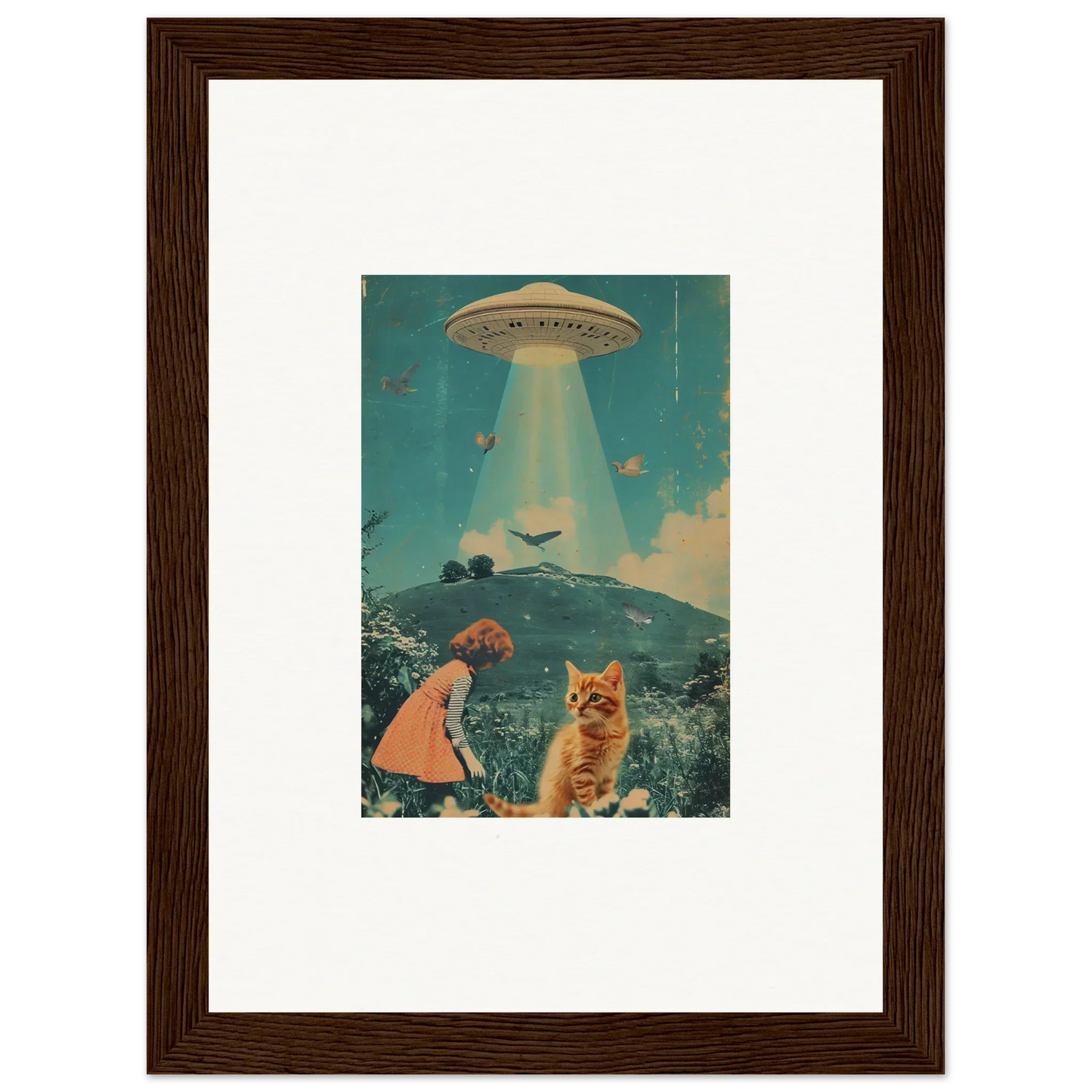 Framed canvas print of a UFO over a surreal landscape for unique Thought Meadows room decoration