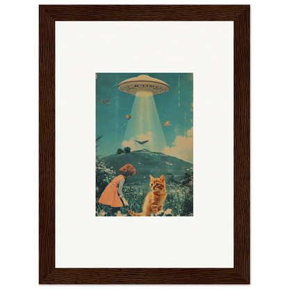 Framed canvas print of a UFO over a surreal landscape for unique Thought Meadows room decoration