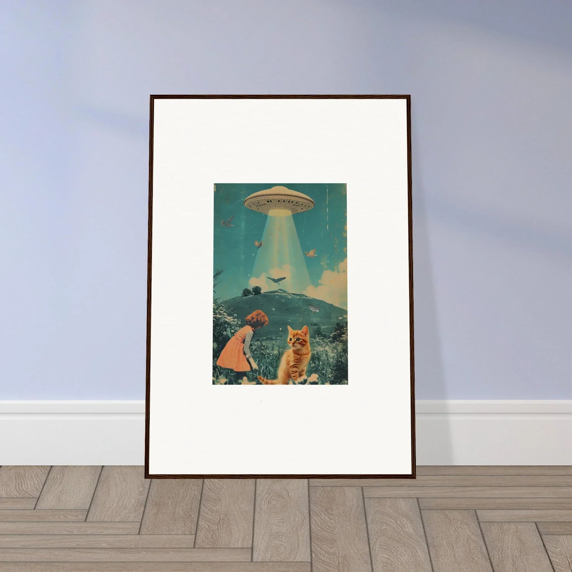 Framed canvas print of UFO over person and cat in Thought Meadows surreal landscape